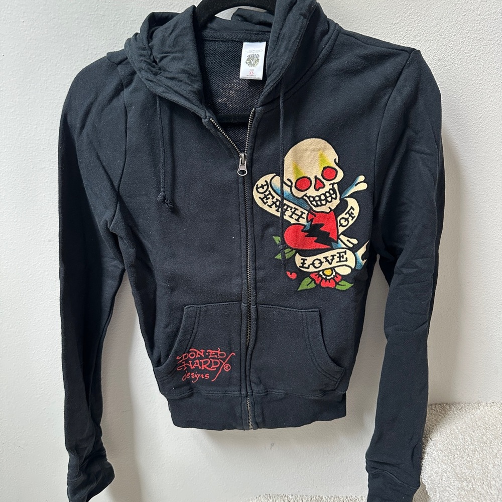 Don Ed Hardy Dark Hoodie with Skull and Heart Motif Y2K Size XS